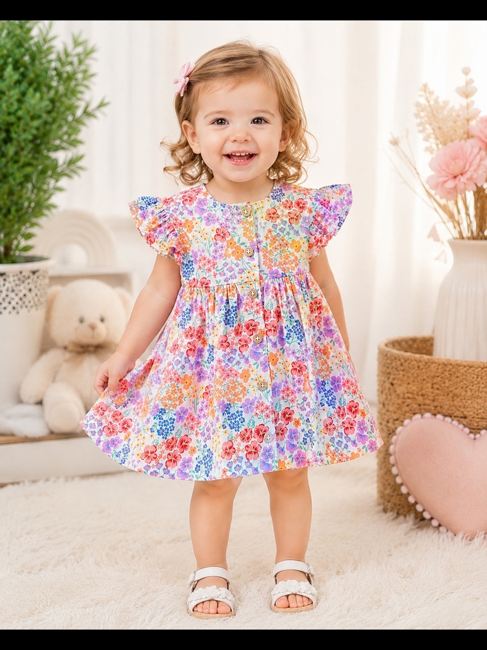 Floral Flutter Sleeve Toddler Dress - Multicolor